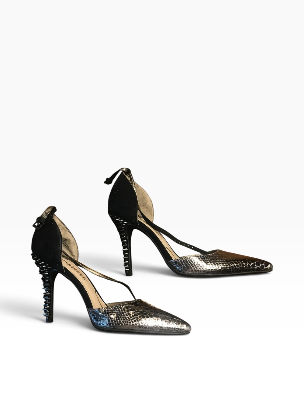 Sam & Libby Metallic Black Croc-Embossed Pointed Toe, Studded Heels